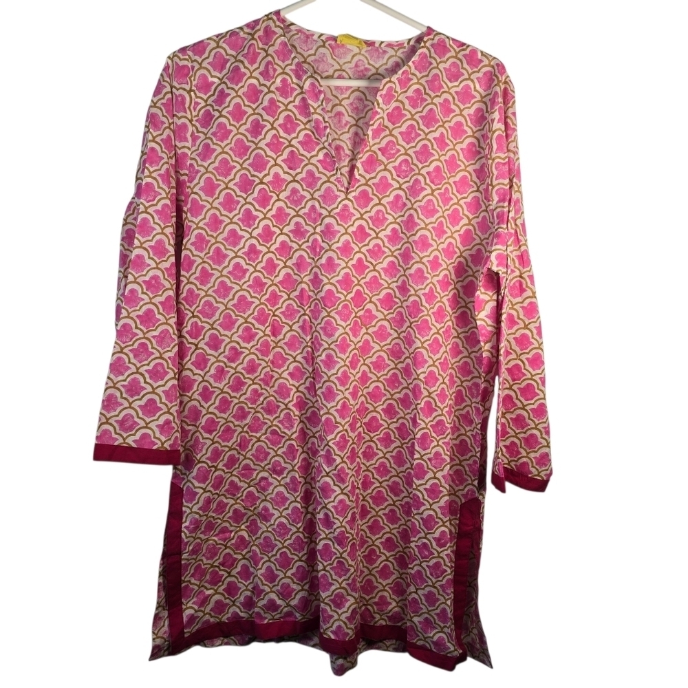 Roberta Roller Rabbit Pink Split V-Neck Cotton 3/4 Sleeve Kurta Tunic Top Size L
